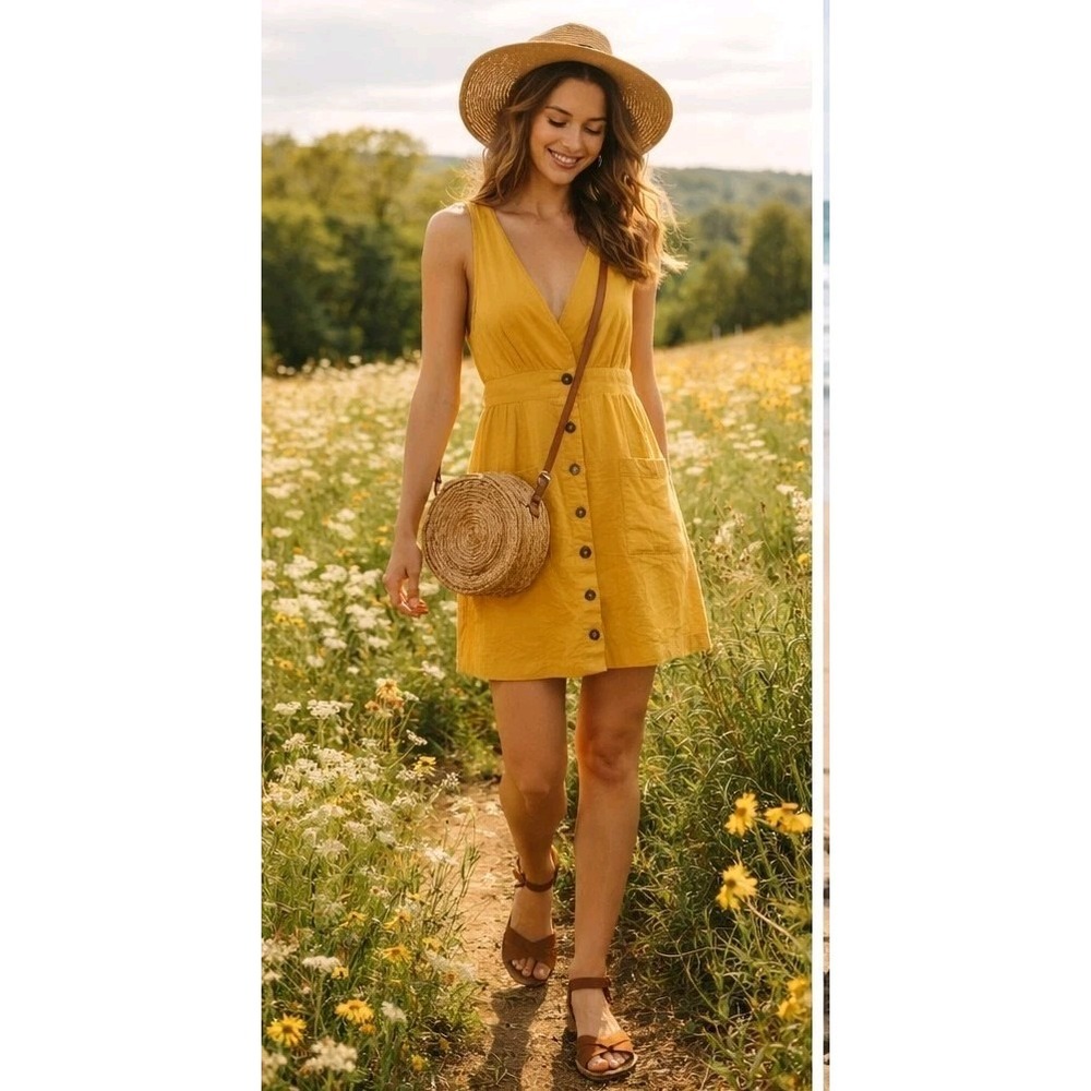 Sienna Sky Mustard Yellow Button Front Dress Small Cotton Sleeveless Pockets Min
